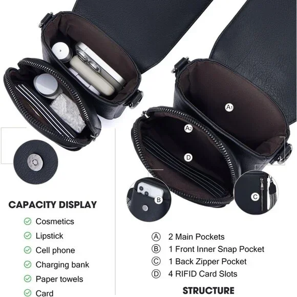 Womens A-black Leather Purses Imported Magnetic Snap Crossbody Zipper Bag - Picture 4 of 6